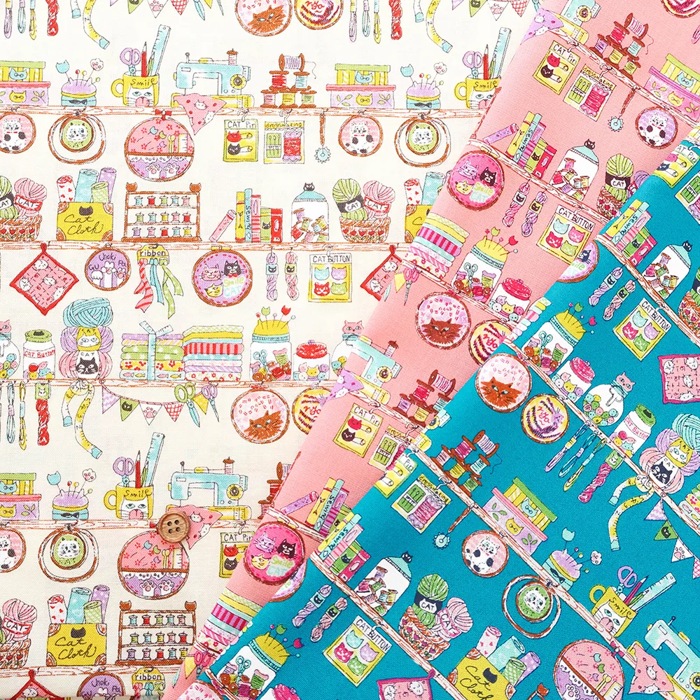 ランキング6位 コットンシーチングプリント生地　にゃんともかわいい　お裁縫時間