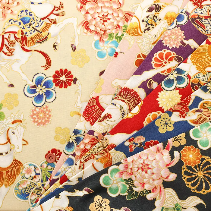 コットンシーチングプリント生地 百花繚乱 干支~馬~
